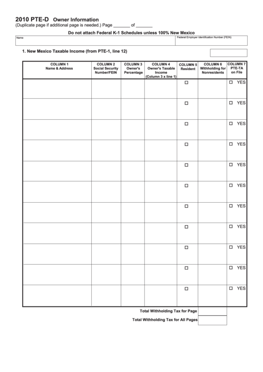 Form PteD Owner Information New Mexico Taxable 2010 printable pdf download