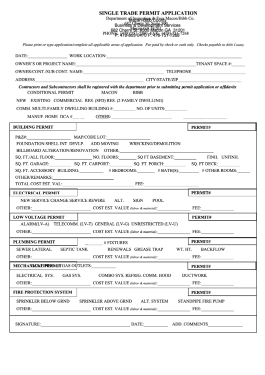 Fillable Single Trade Application MaconBibb County Business
