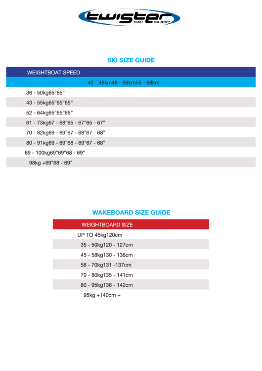Ski Size Guide, Wakeboard Size Guide, Vest And Buoyancy Suits Twister