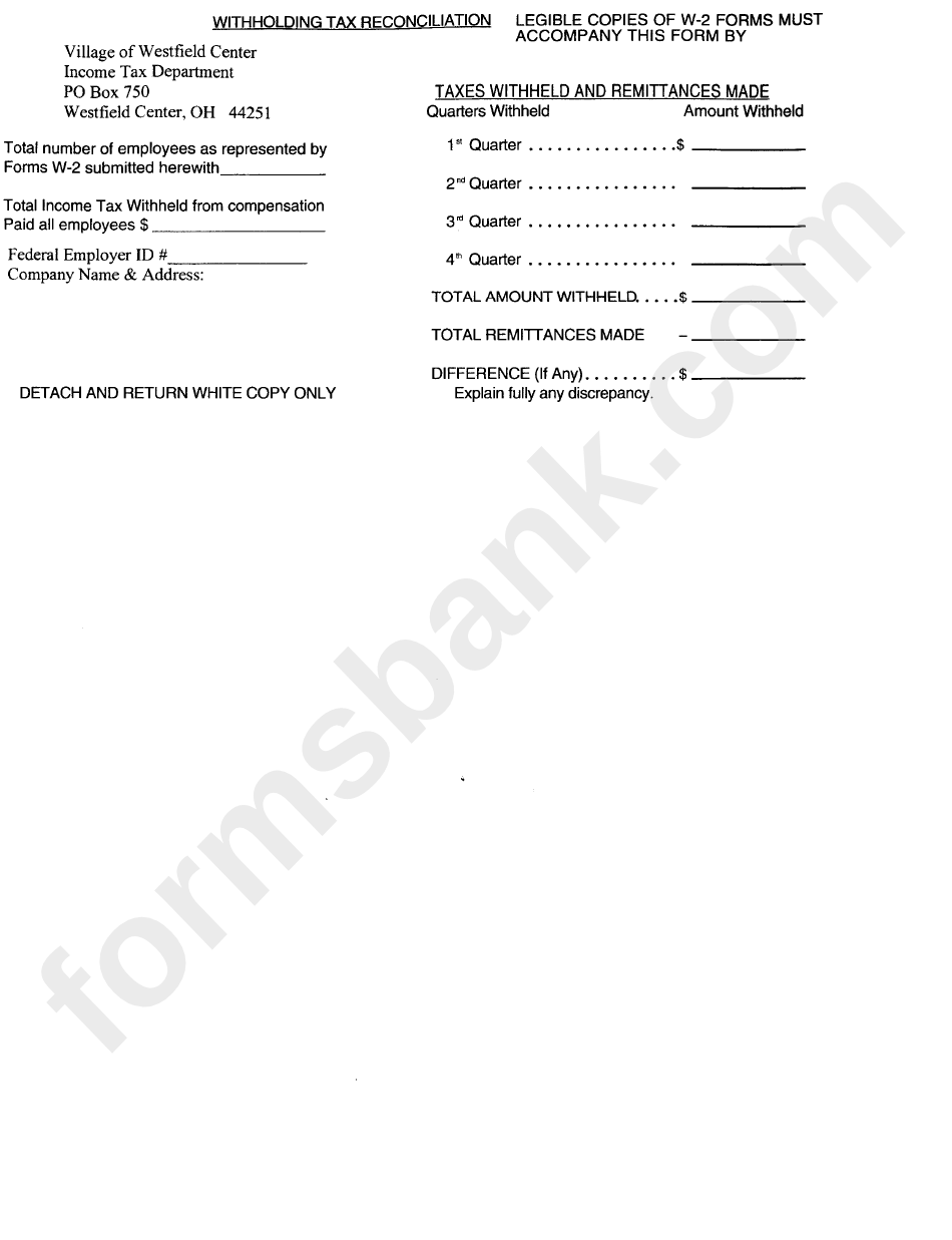Withholding Tax Reconciliation Form Village Of Westfield Center, Ohio