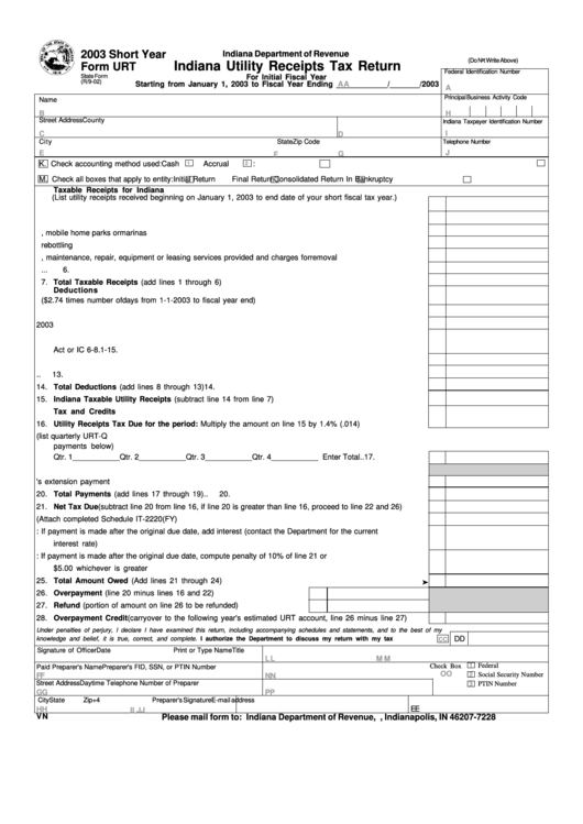 Form Urt Indiana Utility Receipts Tax Return 2003 printable pdf