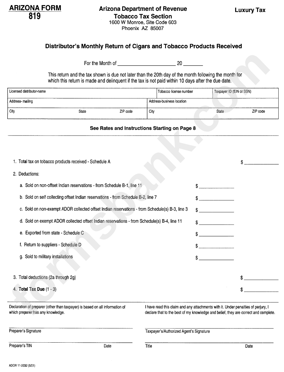 Arizona Form 819 Distributor'S Monthly Return Of Cigars And Tobacco Products Received