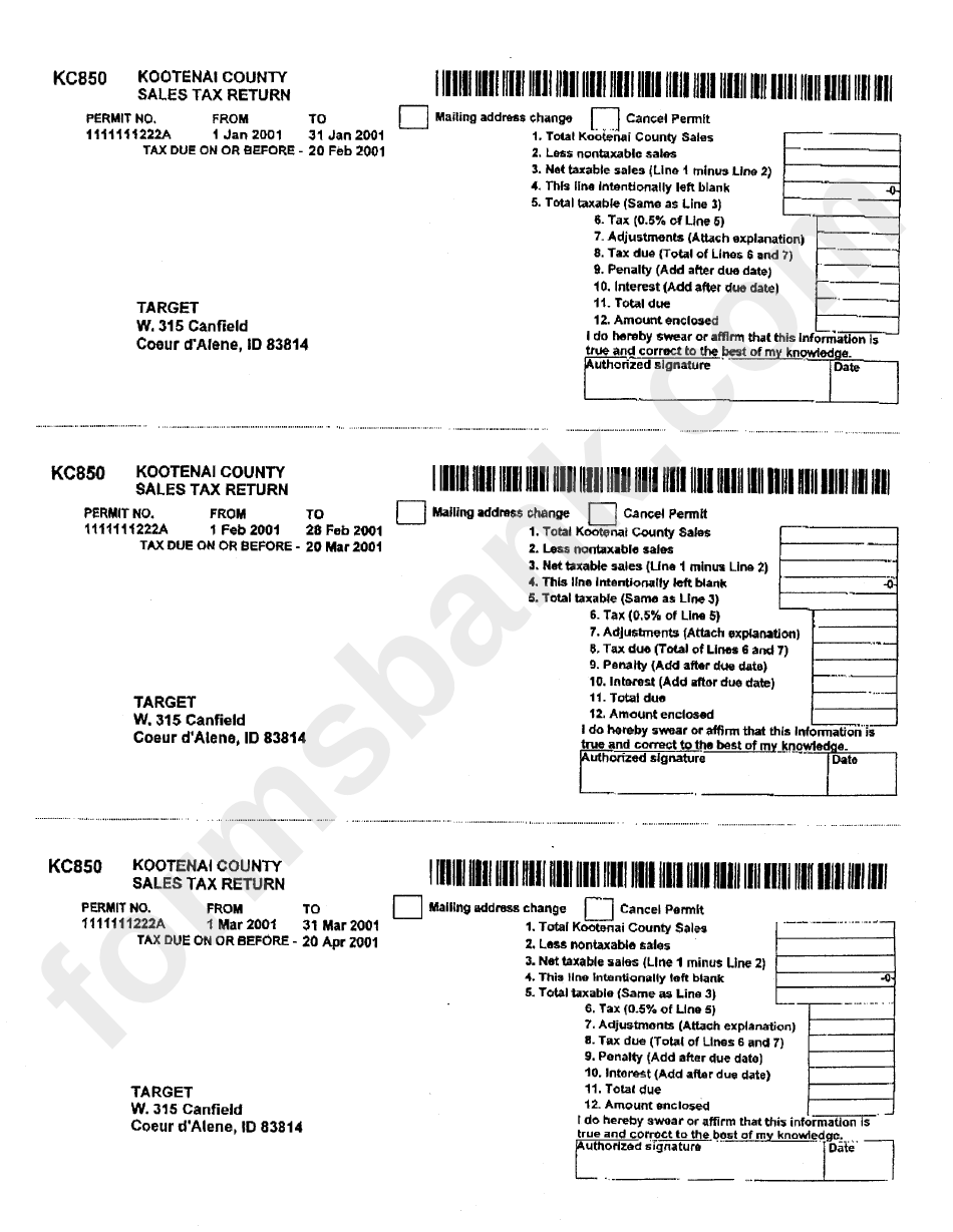 Form Kc 850 Kootenai County Sales Tax Return printable pdf download