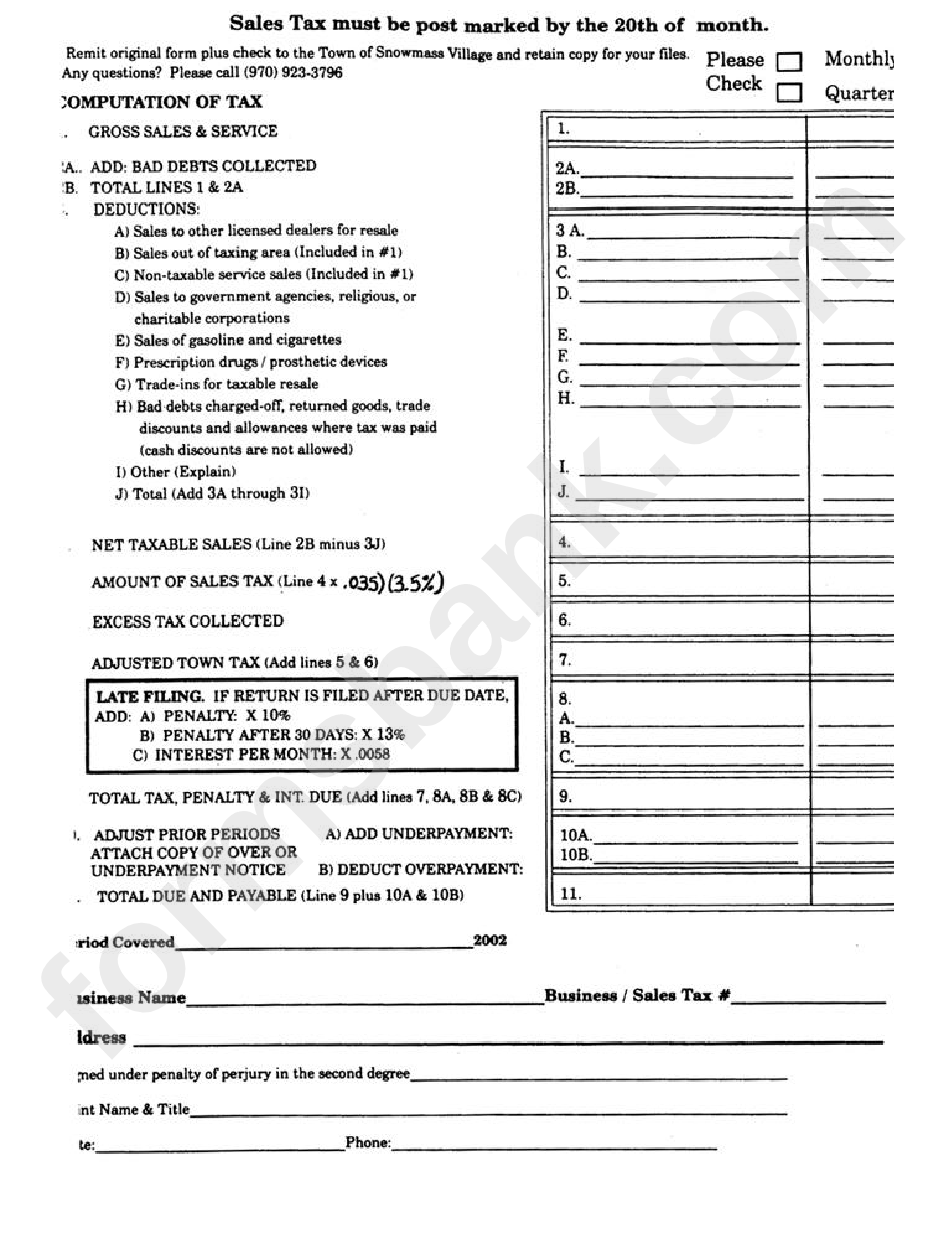 Sales Tax Return Town Of Snowmass Village printable pdf download