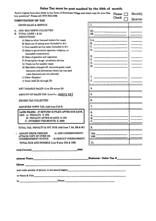 Sales Tax Return Town Of Snowmass Village printable pdf download