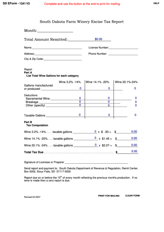 Fillable Sd Eform 1341v2 South Dakota Farm Winery Excise Tax Report