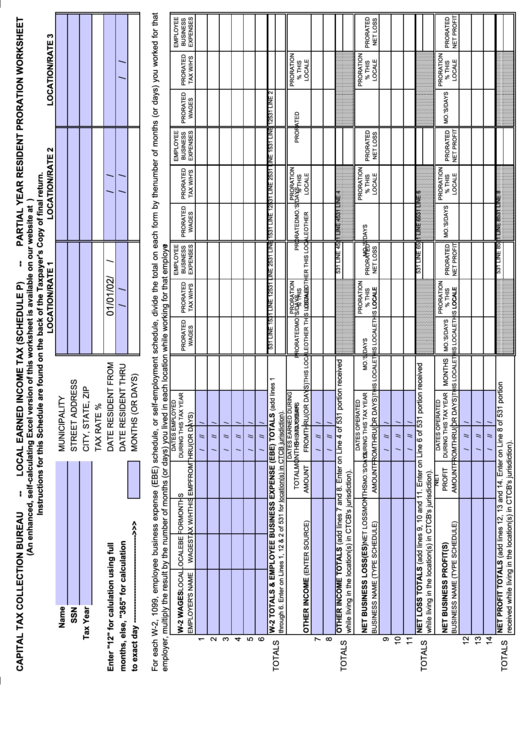 Schedule P Local Earned Tax Partial Year Resident Proration Worksheet printable pdf