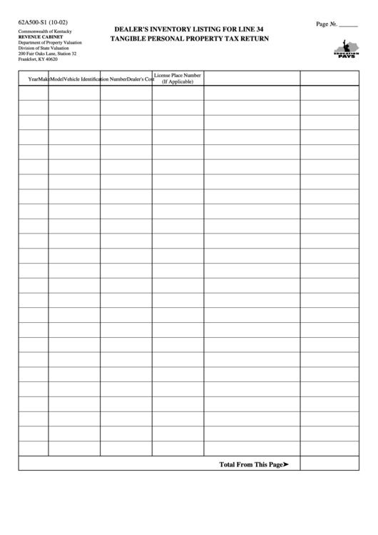 Form 62a500S1 Dealer'S Inventory Listing For Line 34 Tangible
