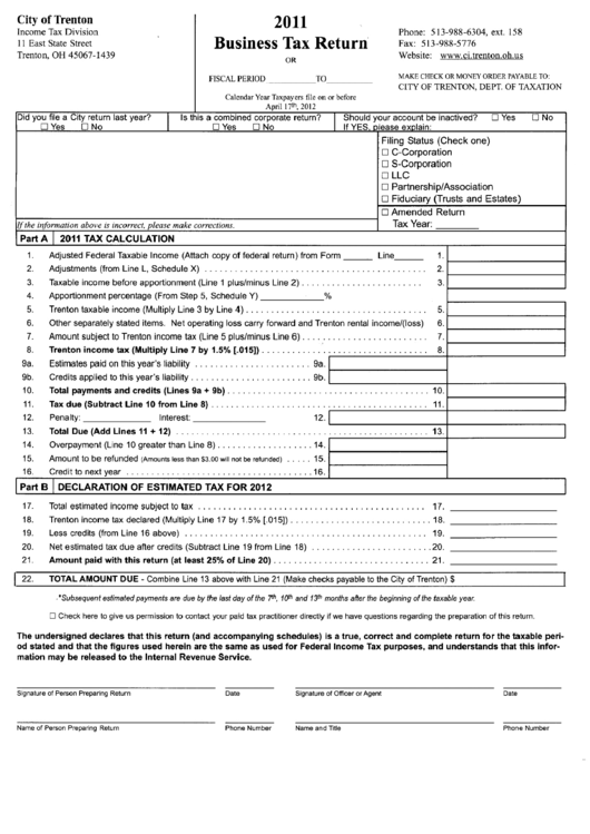 Business Tax Return City Of Trenton 2011 printable pdf download