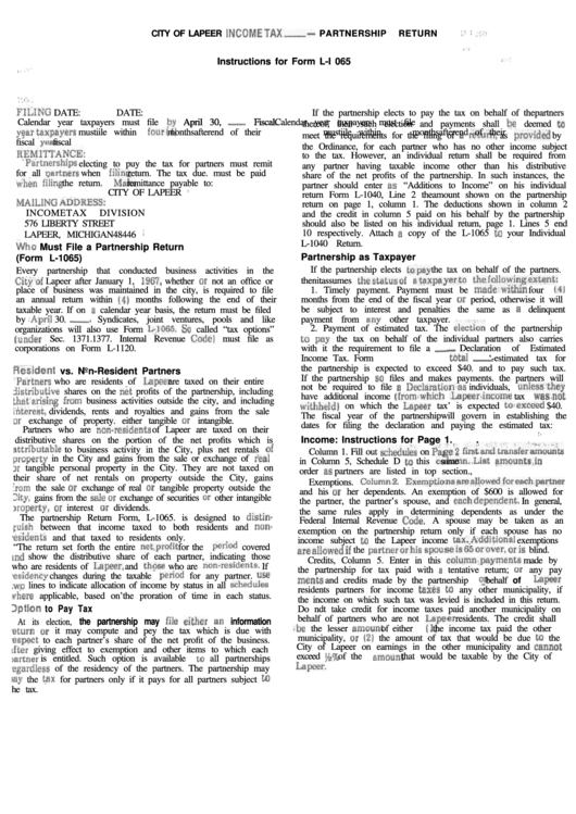 Instructions For Form LL 065 City Of Lapeer Tax Partnership