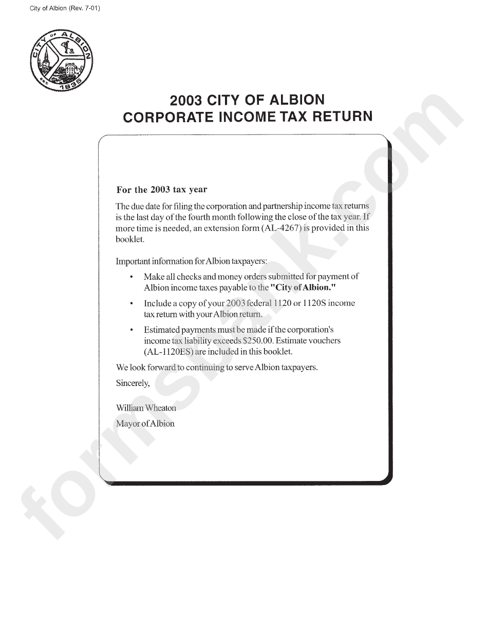 Instructions For Corporate Tax Return City Of Albion 2003
