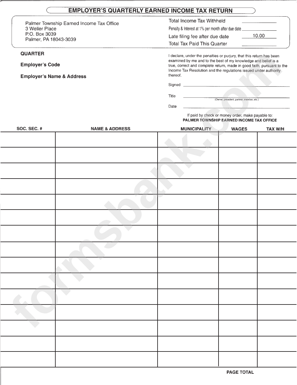 Employer'S Quarterly Earned Tax Return State Of Pennsylvania printable pdf download