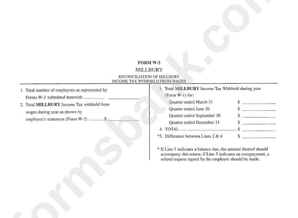 Form W3 Reconciliation Of Millbury Tax Withheld Form Wages