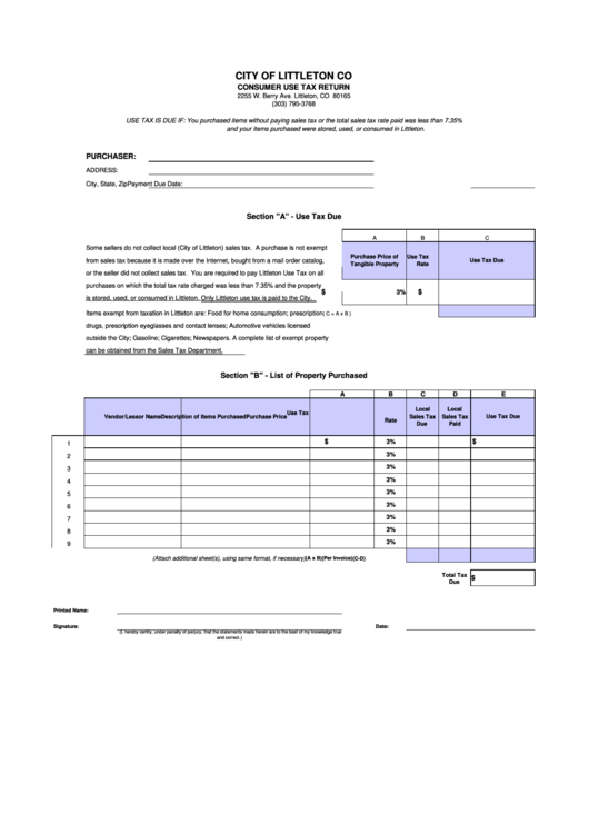 Consumer Use Tax Return City Of Littleton printable pdf download
