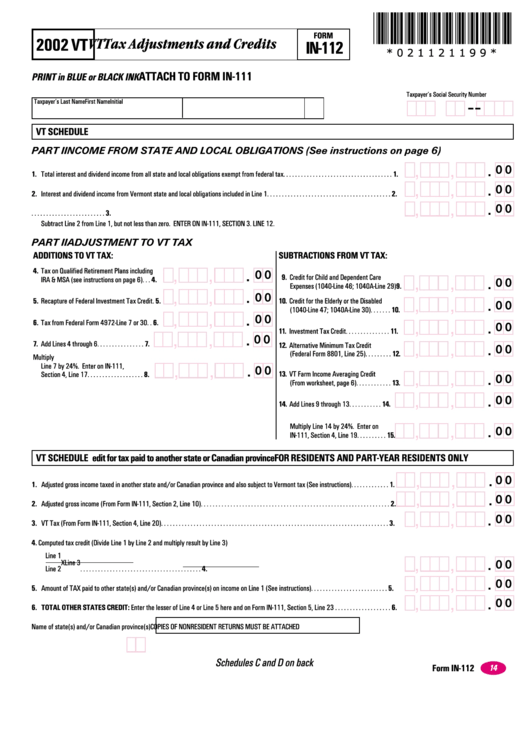 Form In112 Vt Tax Adjustments And Credits 2002 printable pdf download