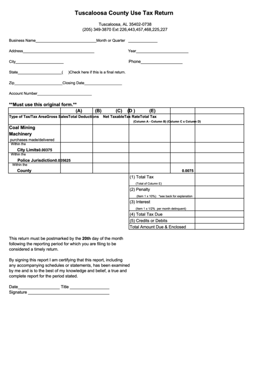 Fillable Tuscaloosa County Use Tax Return printable pdf download