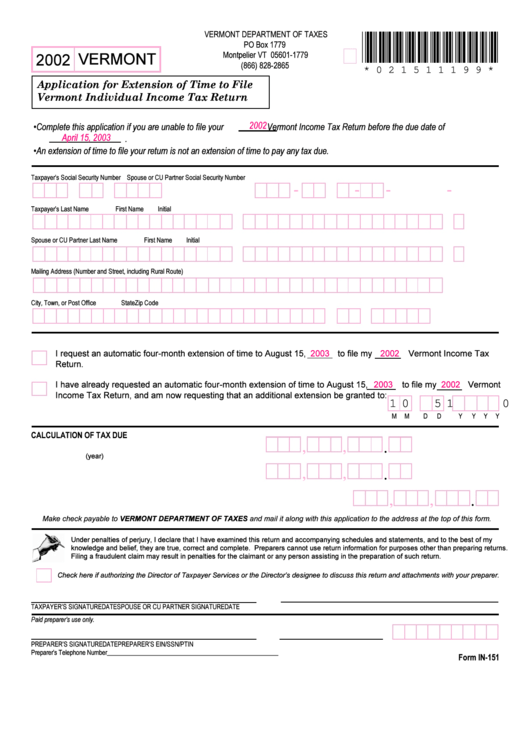 Form In151 Application For Extension Of Time To File Vermont