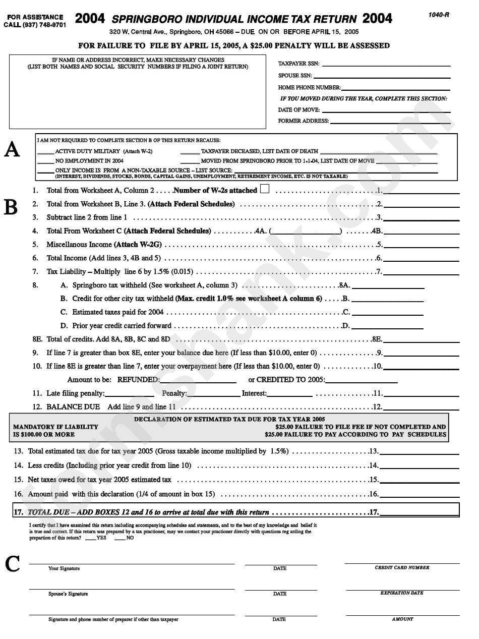 Form 1040R Springboro Individual Earnings Tax Return Form 2004