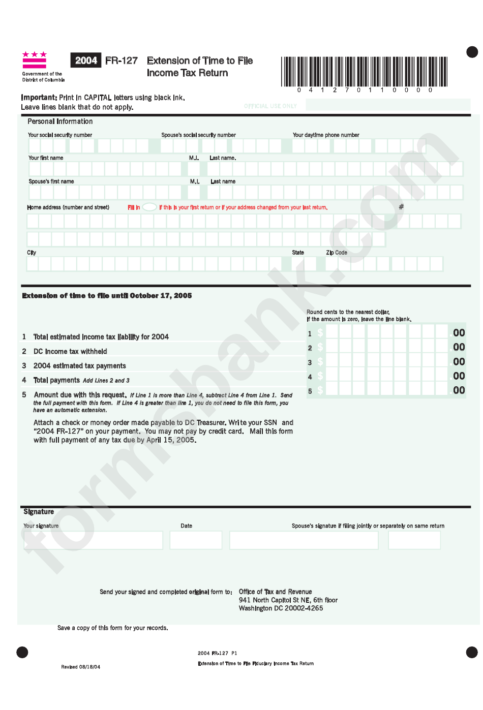 Form Fr127 Extension Of Time To File Tax Return District Of