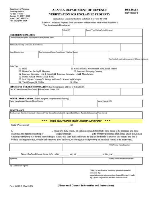 Form 04720.a Verification For Unclaimed Property Alaska Department Of Revenue printable pdf