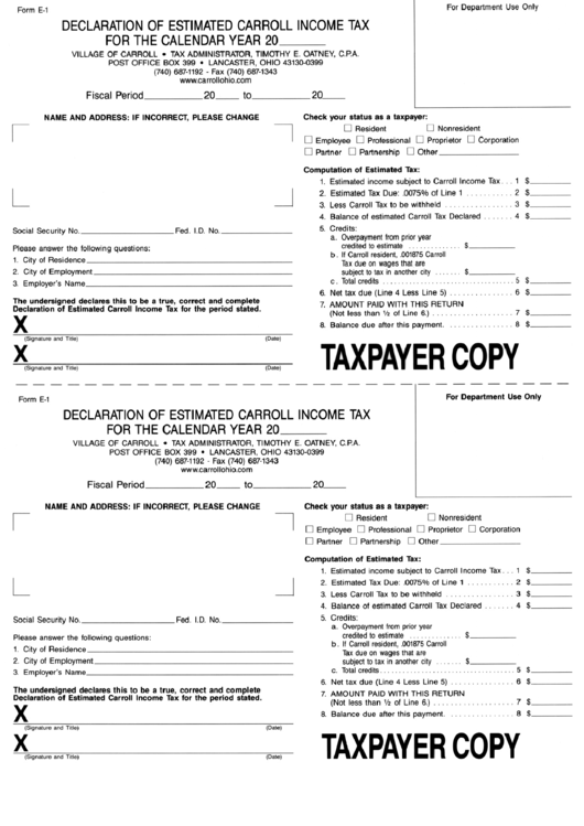 Form E1 Declaration Of Estimated Carroll Tax printable pdf