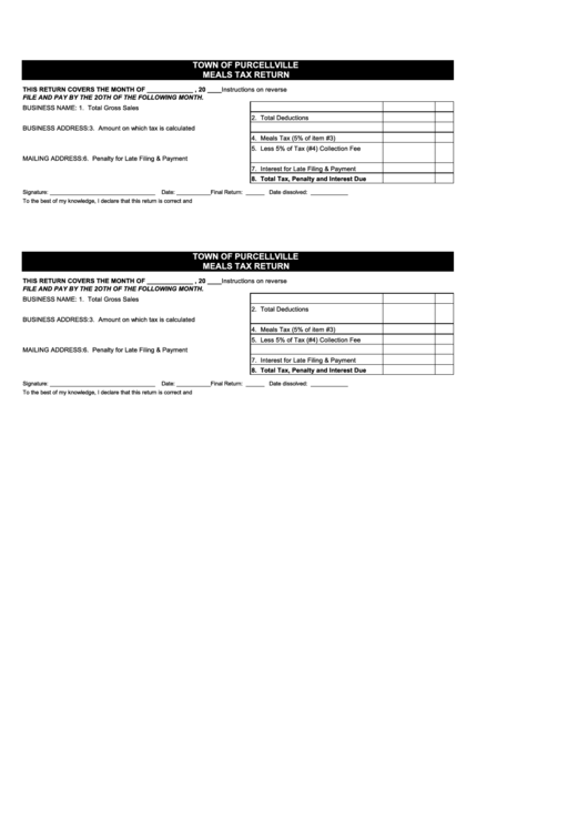 Meals Tax Return Town Of Purcellville printable pdf download