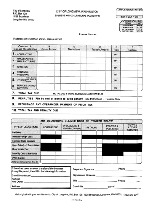 Business And Occupational Tax Return City Of Longview printable pdf