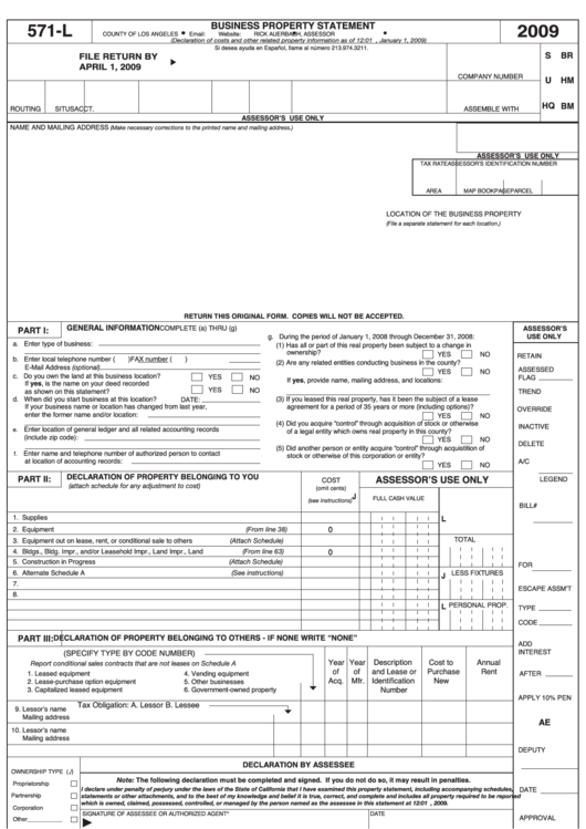Fillable Form Boe571L Business Property Statement 2009 printable