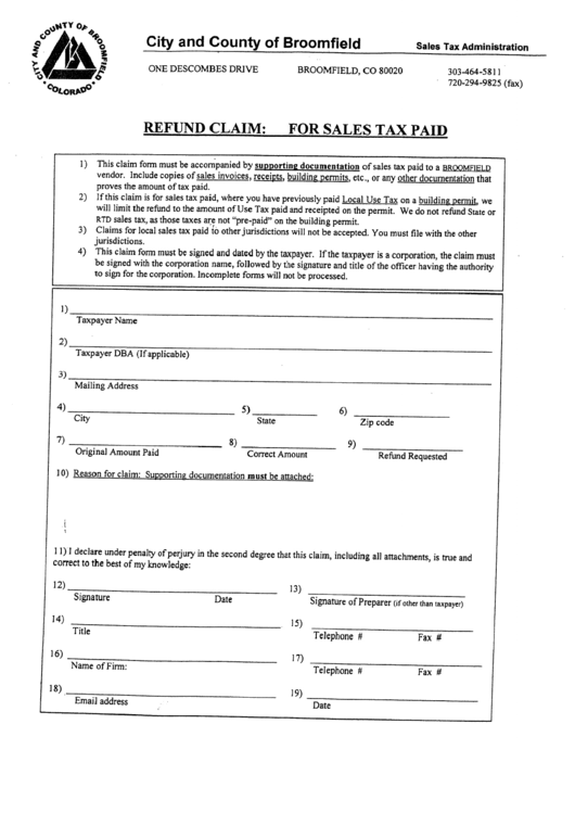 Refund Claim For Sales Tax Paid City And County Of Broomfield