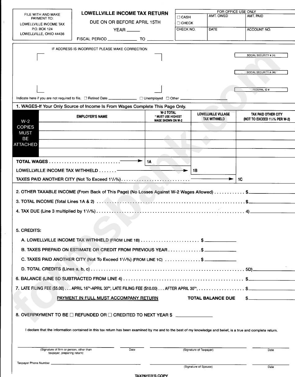 Lowellville Tax Return printable pdf download