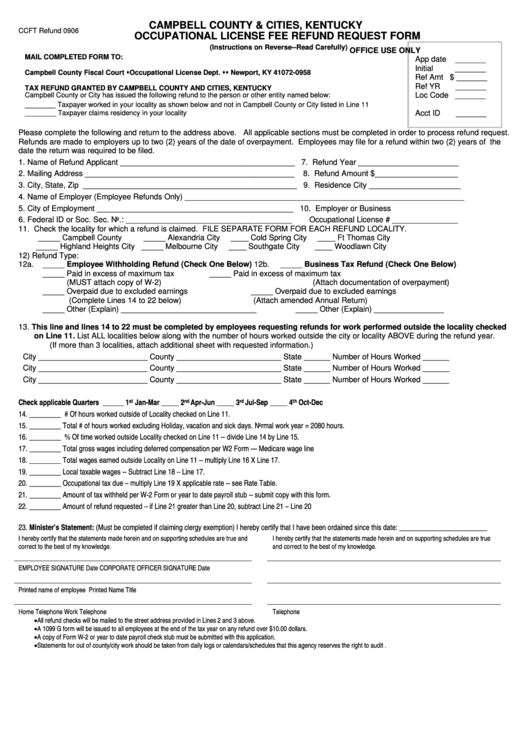 Form Ccft Occupational License Fee Refund Request 2006 printable