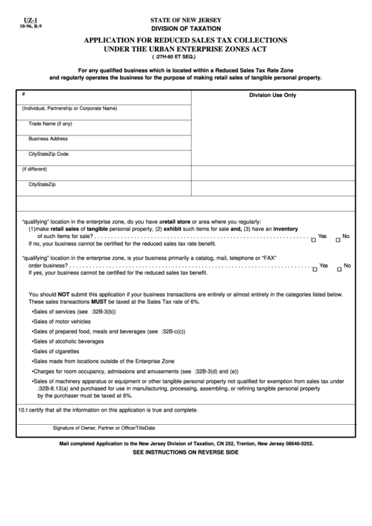 Fillable Form Uz1 Application For Reduced Sales Tax Collections