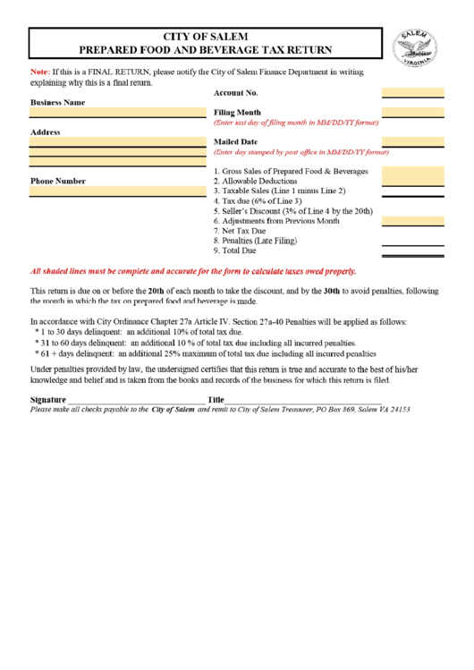 Prepared Food And Beverage Tax Return City Of Salem, Virginia