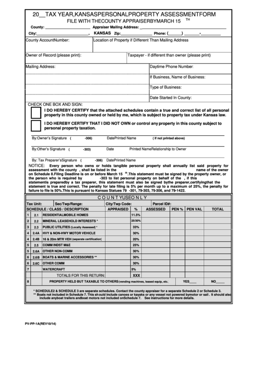 Fillable Form PvPp1a Kansas Personal Property Assessment Form