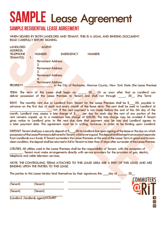 Sample Residential Lease Agreement Form Monroe County, New York State