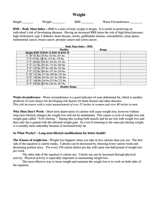 Body Mass Index Bmi printable pdf download