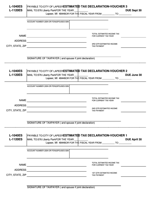 Form L1040es/l1120es Estimated Tax Declaration Vouchers, Worksheet
