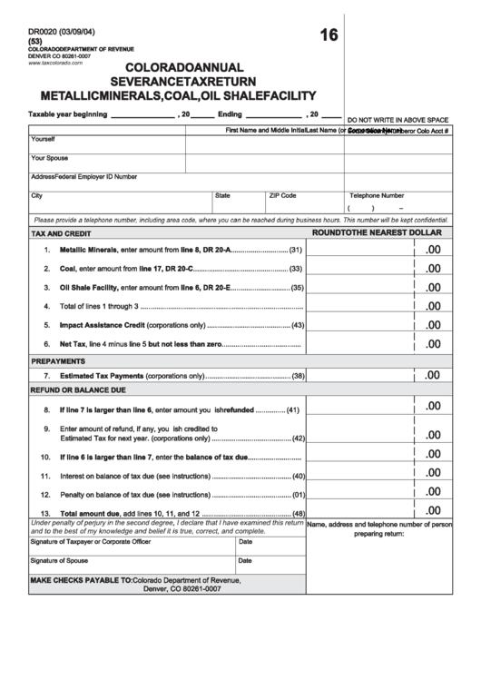 Form Dr 0020 Colorado Annual Severance Tax Return