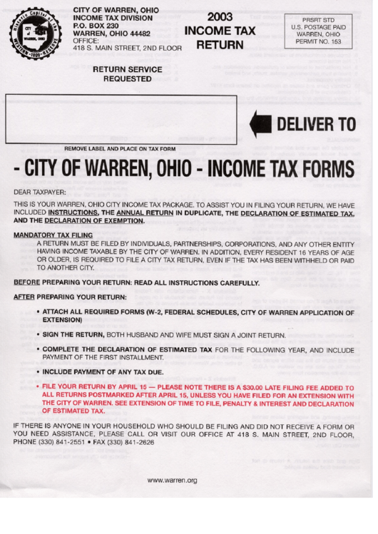 Instructions For Tax Return City Of Warren 2003 printable