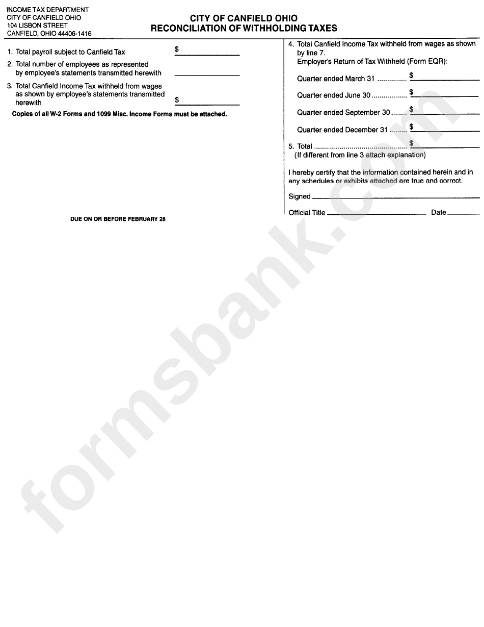 Reconciliation Of Withholding Taxes City Of Canfield State Of Ohio