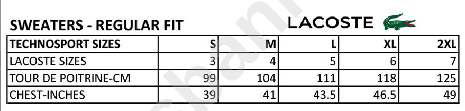 Lacoste Size Chart printable pdf download