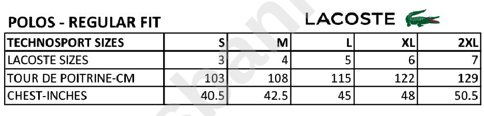 Lacoste Size Chart printable pdf download
