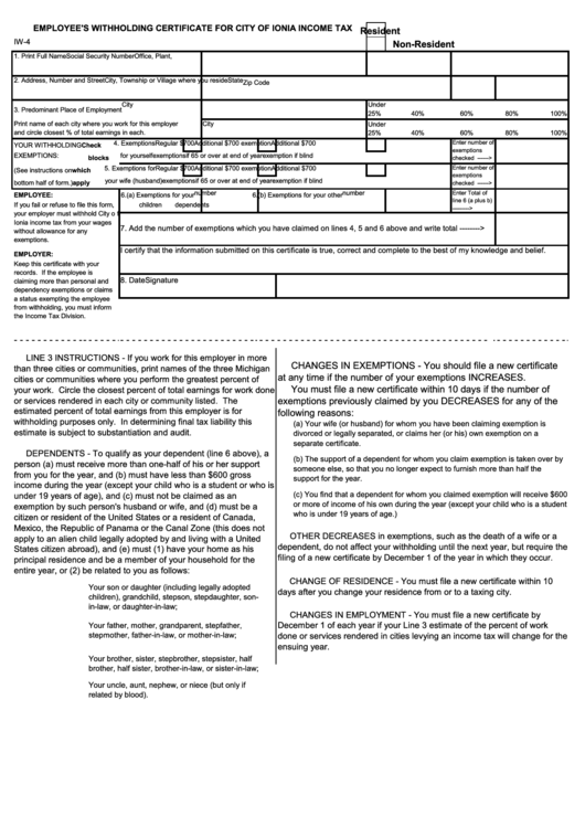 Form Iw4 Employee'S Withholding Certificate For City Of Ionia Tax printable pdf download