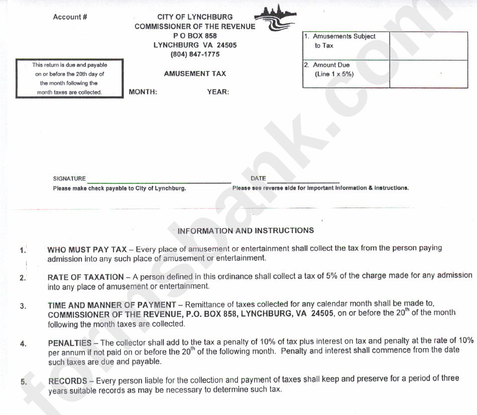 Amusement Tax Form City Of Lynchburg printable pdf download