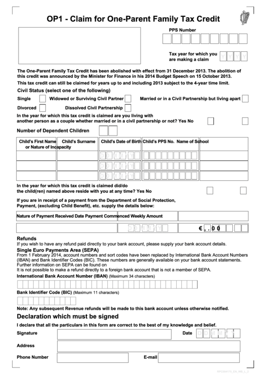 Fillable Form Op1 Claim For OneParent Family Tax Credit printable