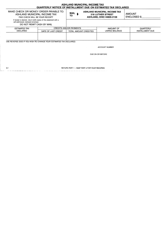 Quarterly Notice Of Installment Due On Estimated Tax Declared Ashland