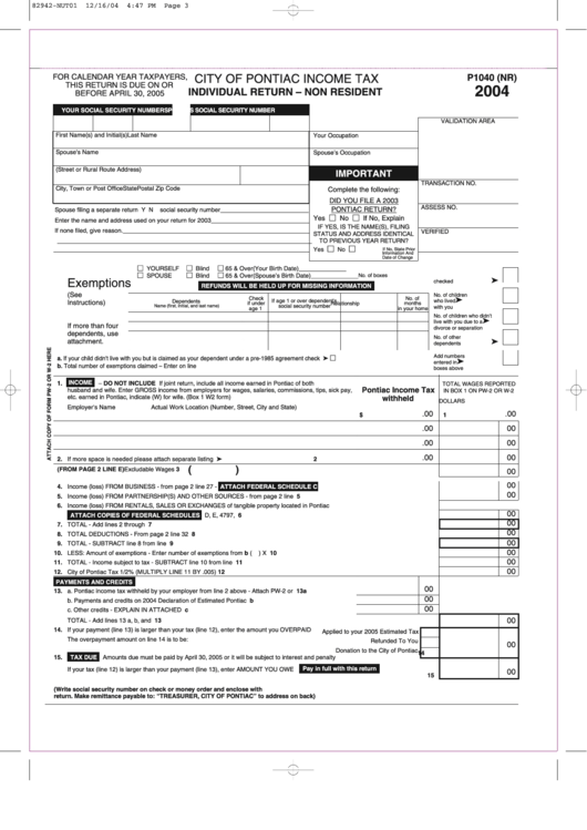 Form P1040 (Nr) City Of Pontiac Tax, Individual Return Non