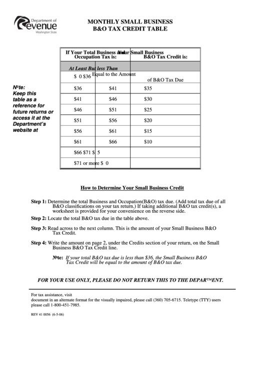 Form Rev 41 0056 Small Business B&o Tax Credit Worksheet Washington