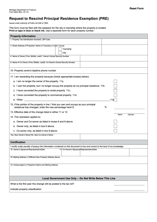 Fillable Form 2602 Request To Rescind Principal Residence Exemption