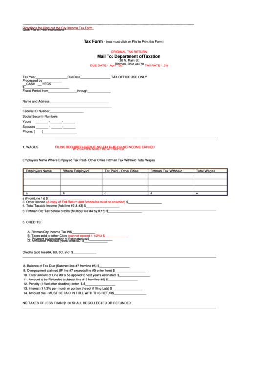 Original Tax Return City Of Rittman, Ohio Department Of Taxation